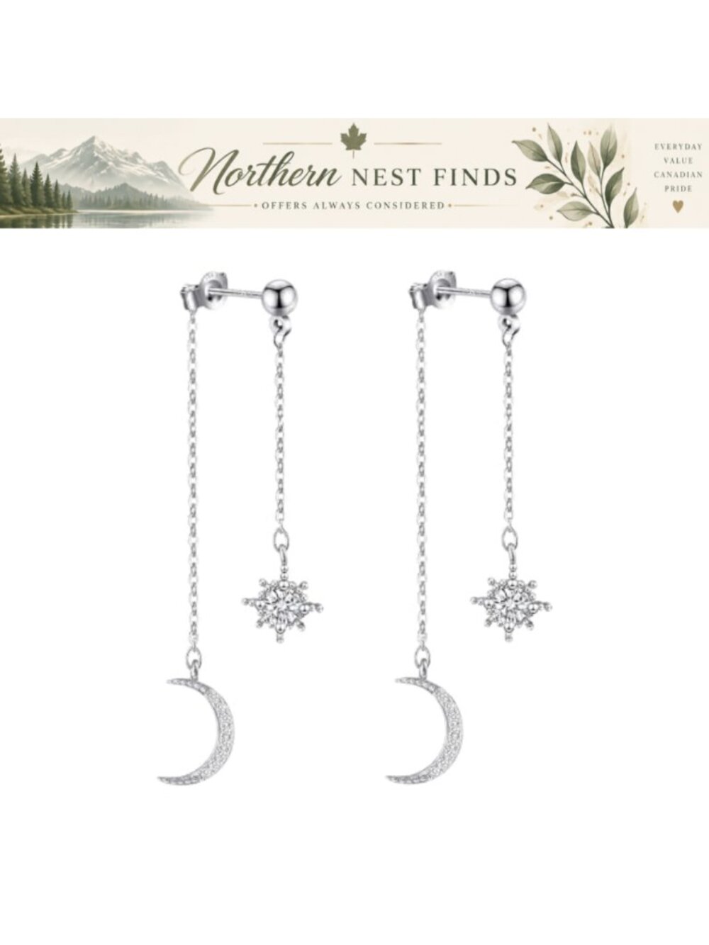 Moon and Star Dangle Earrings Silver Plated Chain Tassel